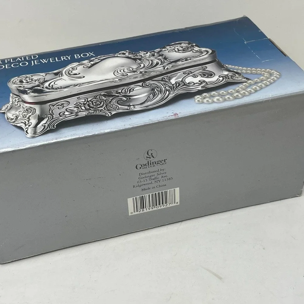 Godinger Silver Art Co Silver Plated Art Deco Jewelry Box Ornate Floral 9927 NIB